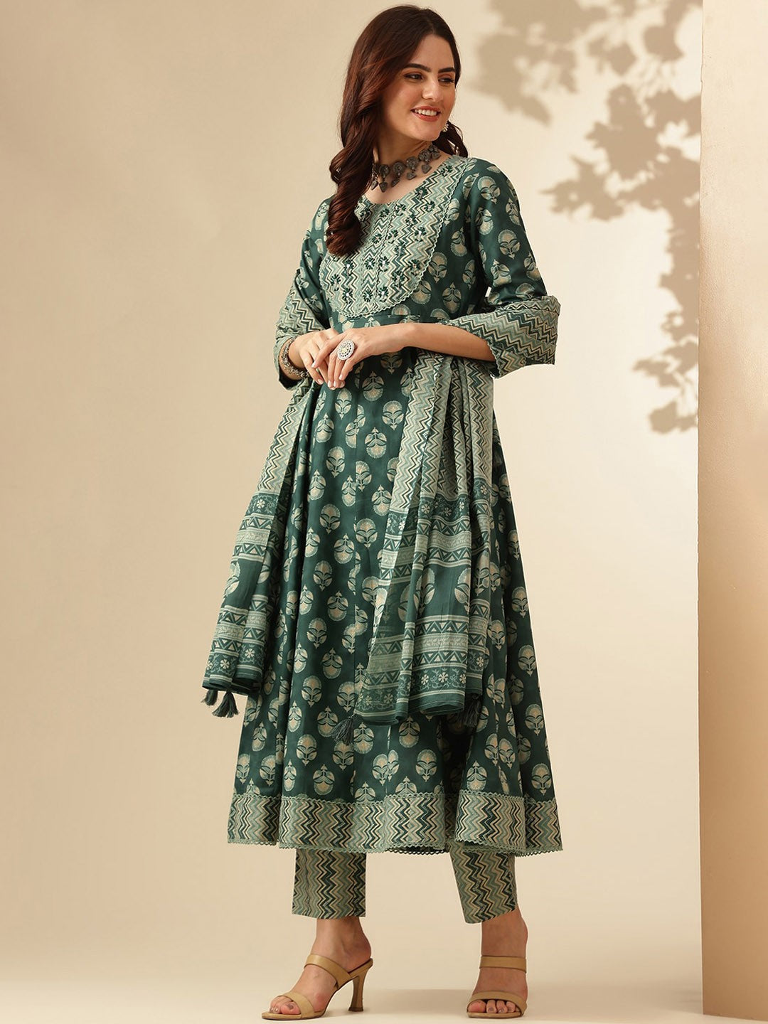 Green Floral Printed Aari Work Pure Cotton Anarkali Kurta with Trousers & Dupatta