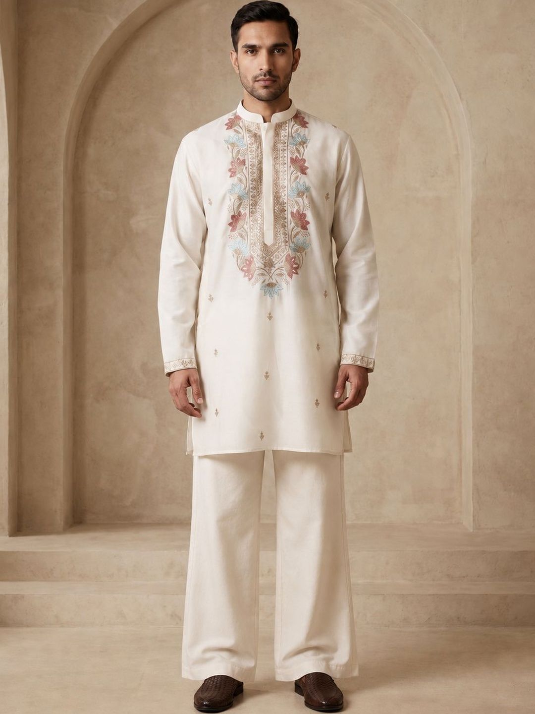 Men Floral Embroidered Regular Thread Work Kurta With Korean Pants