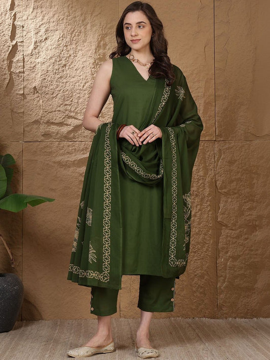 Women Ethnic Motifs Regular Thread Work Pure Cotton Kurta with Trousers & With Dupatta