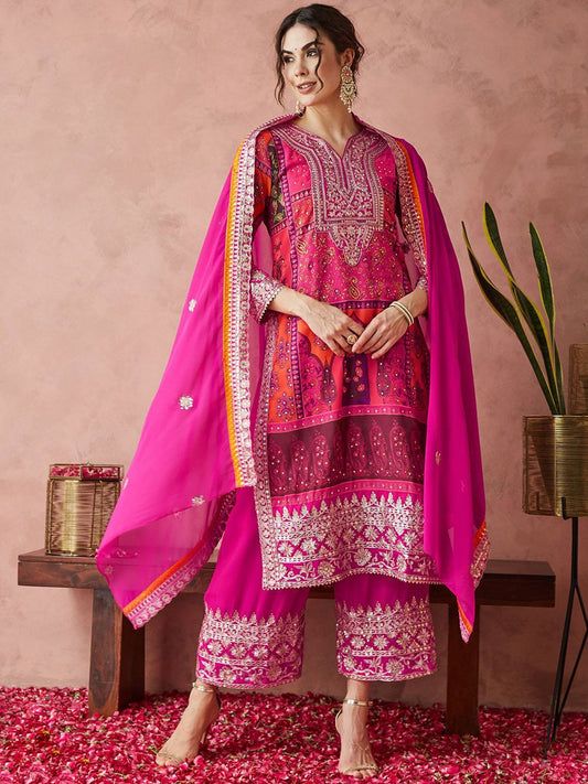 Ethnic Motifs Embroidered Sequinned Georgette Kurta With Palazzo & Dupatta