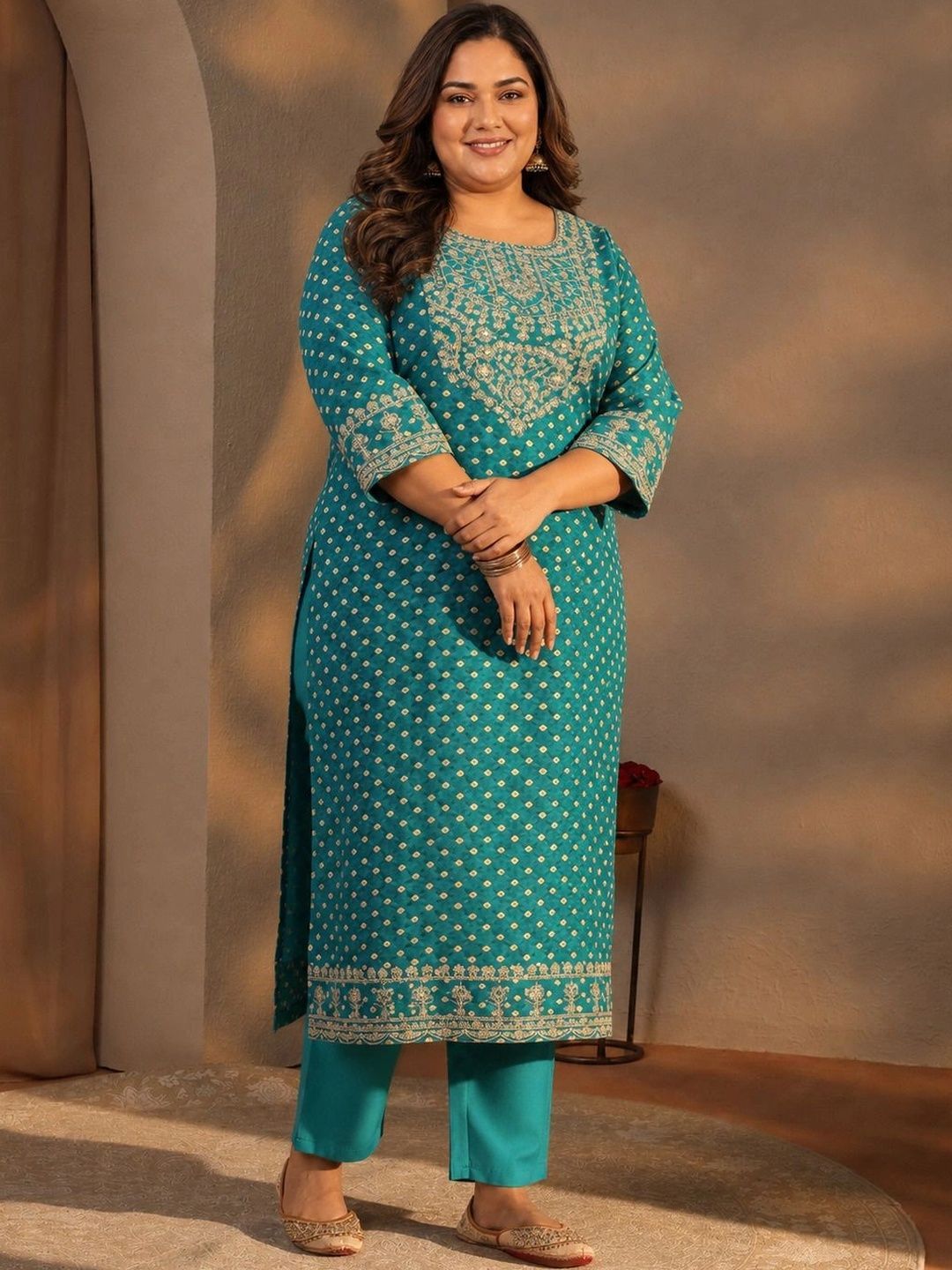 Plus Size Blue Bandhani Printed Silk Blend Straight Suit Set With Dupatta