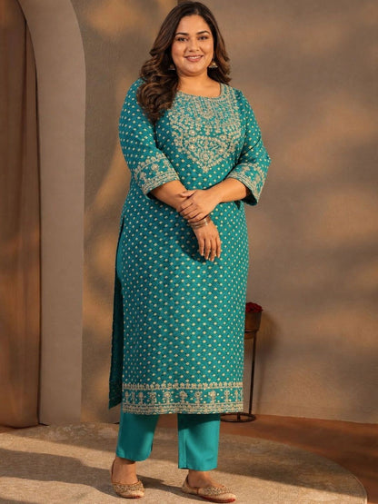 Plus Size Blue Bandhani Printed Silk Blend Straight Suit Set With Dupatta