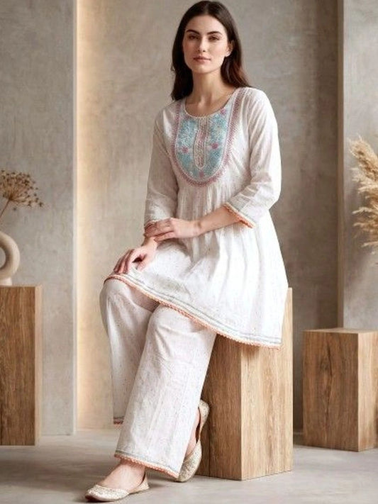 Women Ethnic Motifs Embroidered Empire Thread Work Kurti with Palazzos