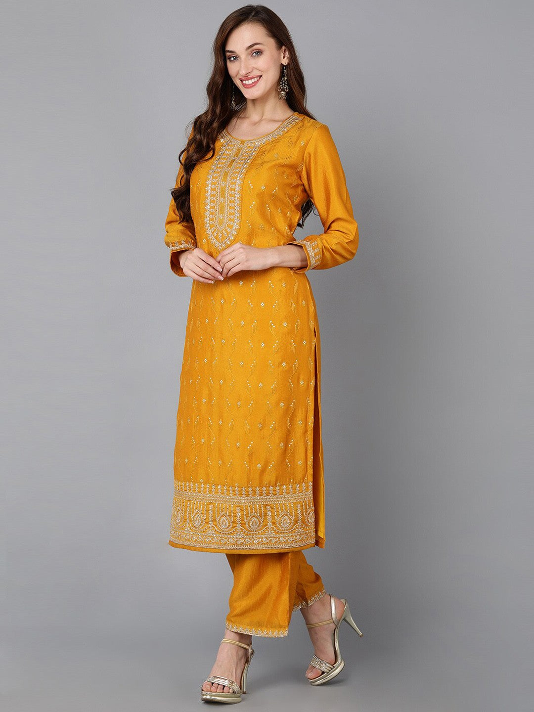 Ethnic Motifs Embroidered Sequinned Kurta With Palazzos & Dupatta