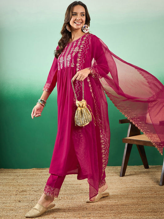 Embroidered Round Neck Straight Kurta With Trousers & Dupatta