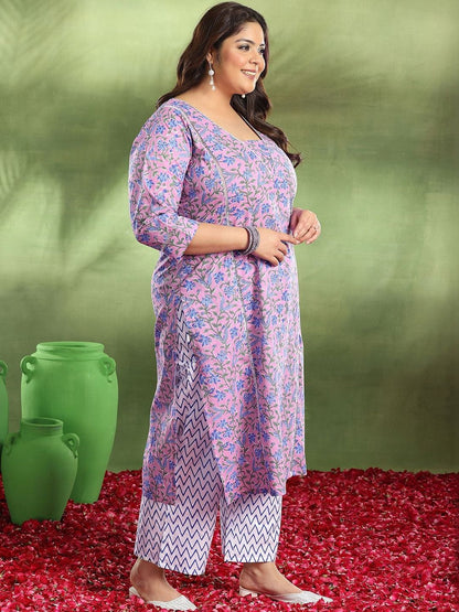 Plus Size Purple Printed Cotton Straight Suit With Dupatta