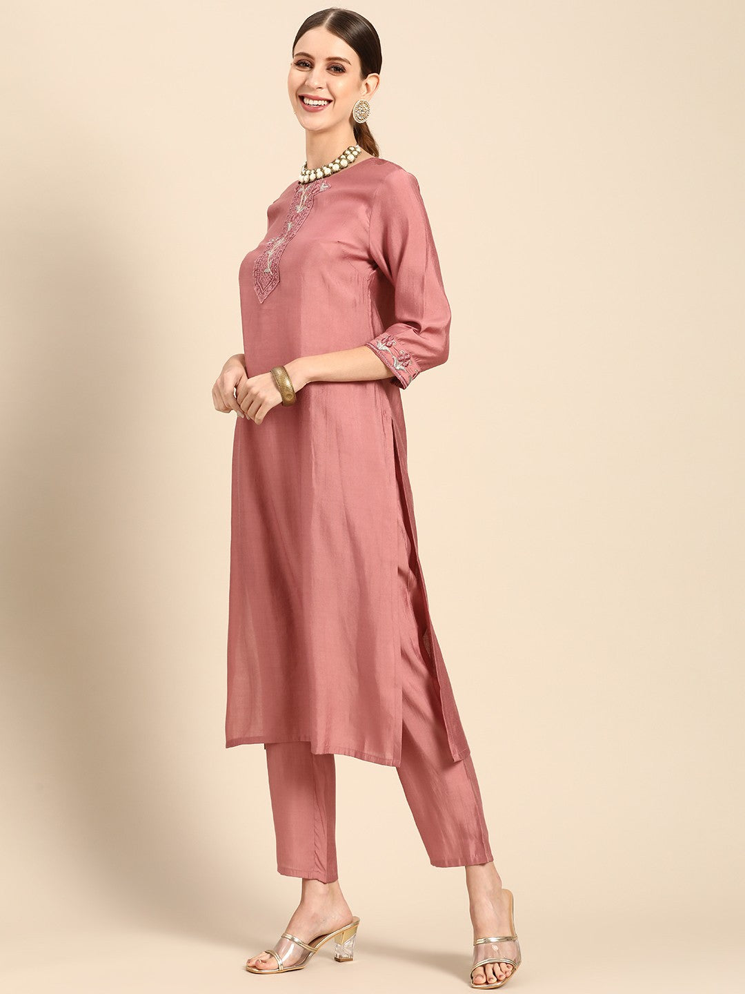 Women Pink & Blue Ethnic Motifs Embroidered Kurta with Trousers & With Dupatta