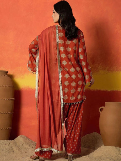 Women Rust Gold Printed Rayon A-Line Kurti Farshi Salwar With Dupatta Set