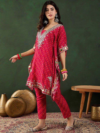 Red Bandhani Printed Regular Mirror Work Kaftan Kurta With Trouser