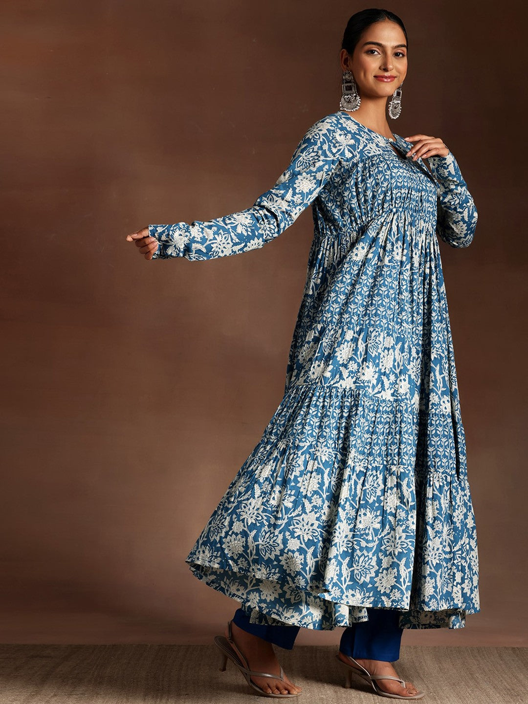 Floral Printed Panelled Pure Cotton Anarkali Kurta with Trousers & With Dupatta