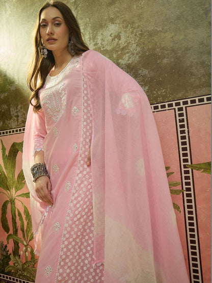 Embroidered Pure Cotton Round Neck Kurta & Palazzos With Dupatta Kurta Set