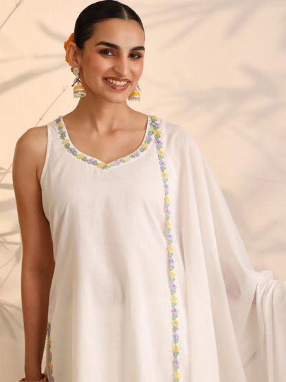 Women Ethnic Motifs Embroidered Regular Thread Work Pure Cotton Kurta with Sharara & With Dupatta