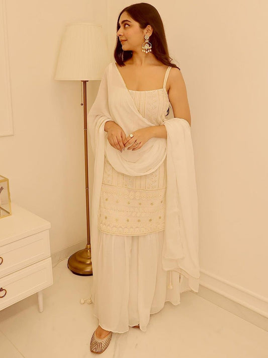 Ethnic Motifs Embroidered Sequined Kurta & Sharara With Dupatta