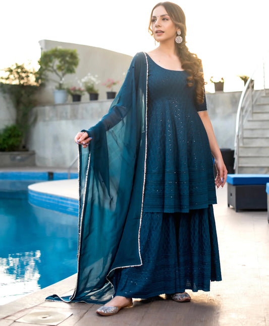 Embroidered Kurta Sharara & Dupatta Set