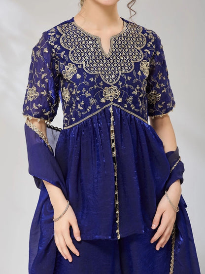 Girls Royal Blue Embroidered Peplum Kurta And Plazzo With Dupatta Set