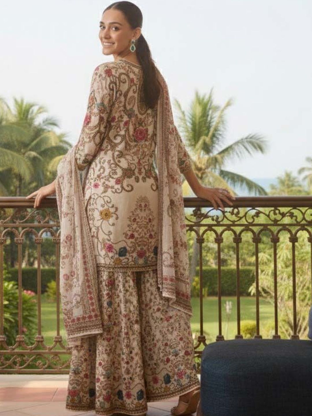 Women Floral Printed Regular Silk Crepe Kurta with Sharara & With Dupatta