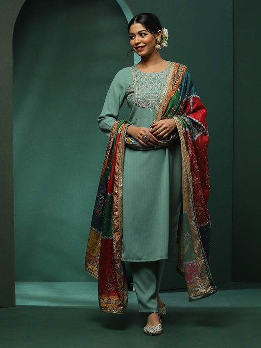 Embroidered Thread Work Kurta with Trousers & Dupatta