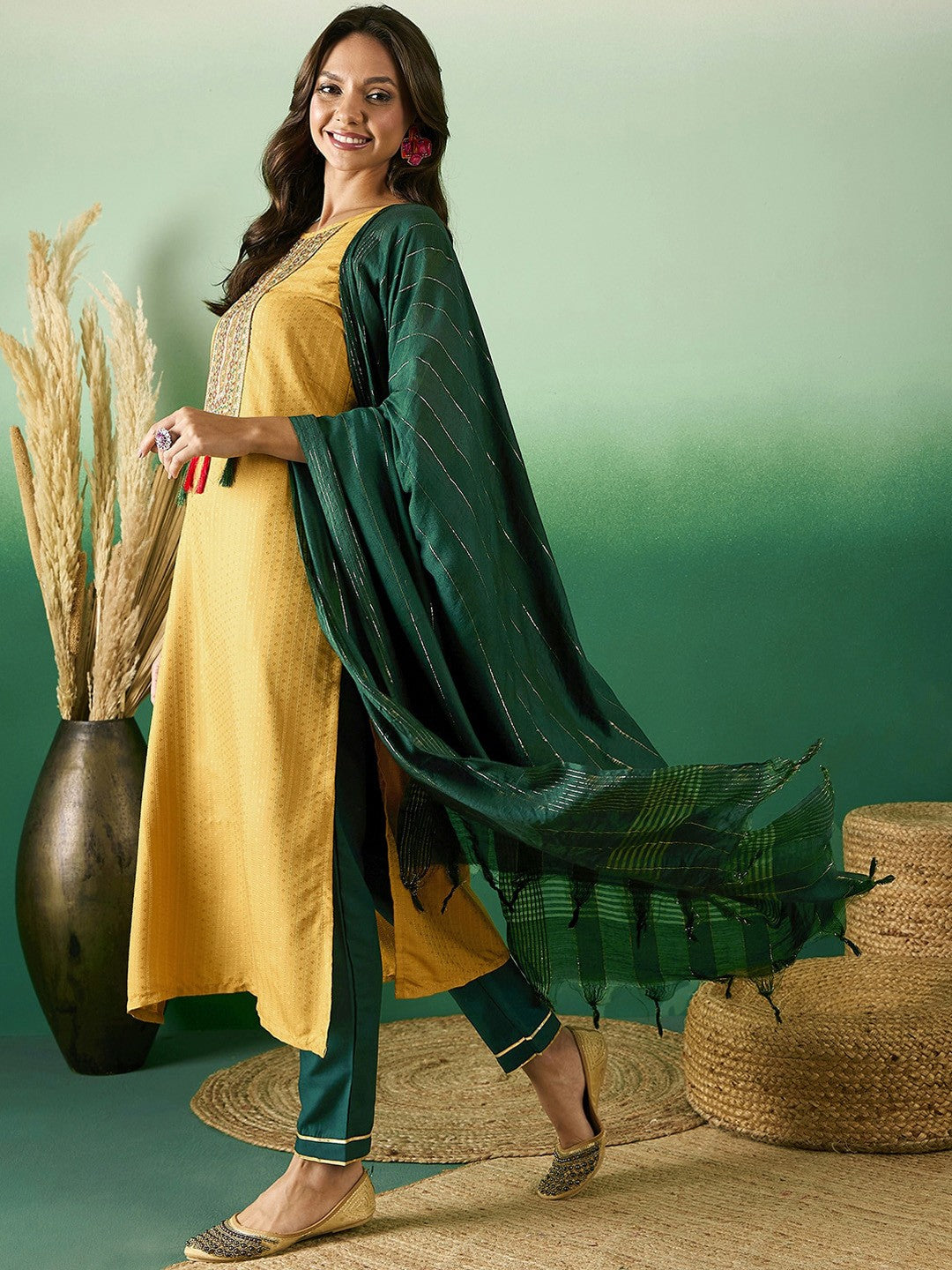 Yellow Ethnic Motifs Woven Design Straight Kurta With Trouser & Dupatta