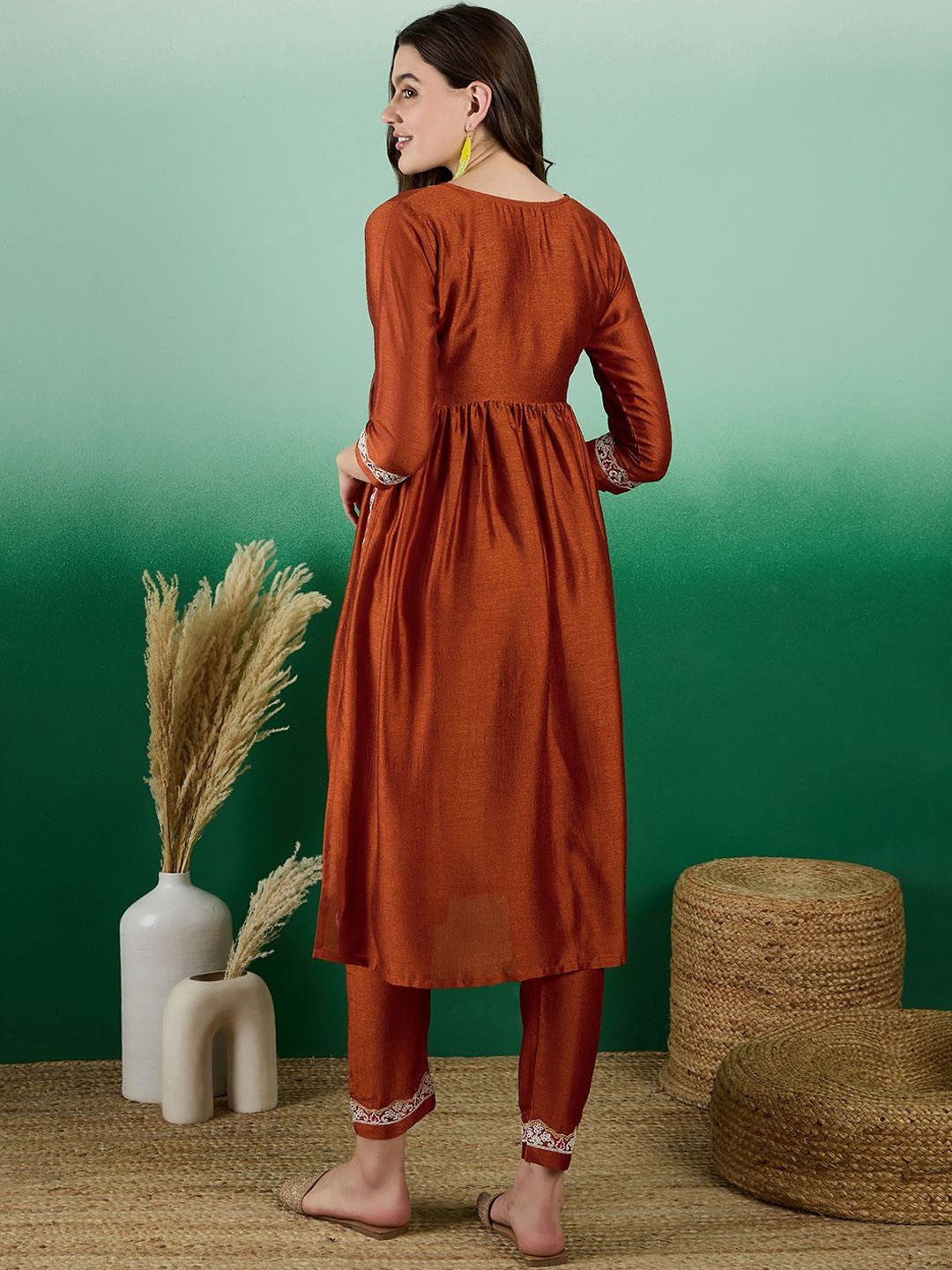 Rust Embroidered High Slit A-Line Kurta With Trouser