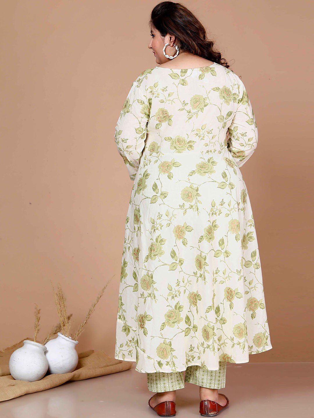 Plus Size Floral Printed Pure Cotton Anarkali Kurta with Trousers & Dupatta