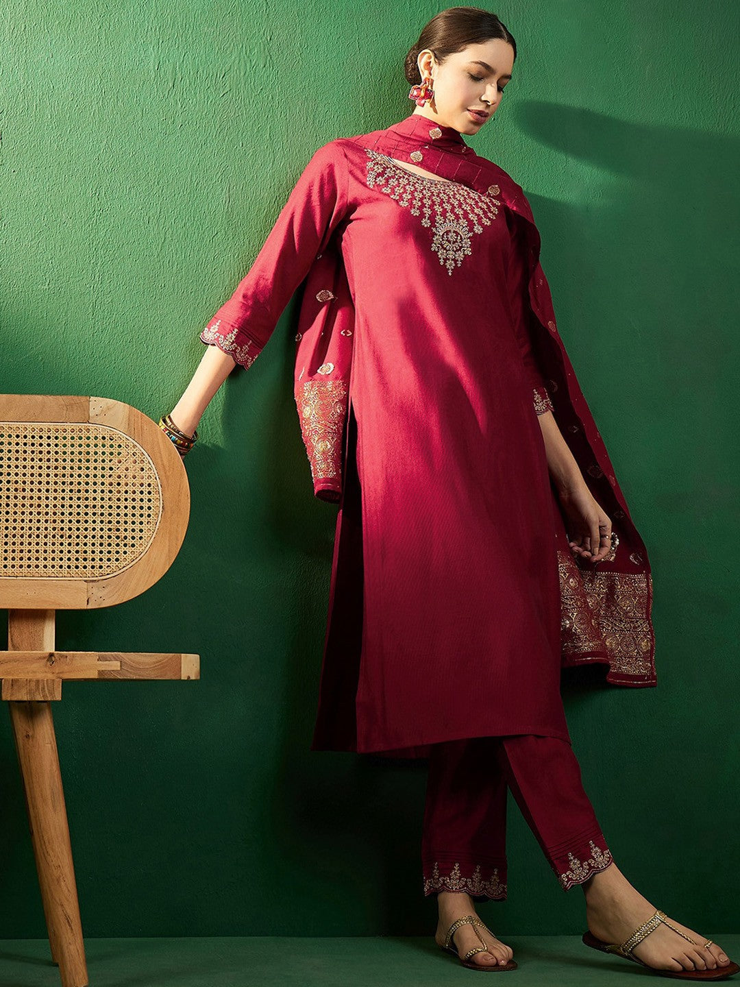 Maroon & Silver Toned Embroidered Straight Kurta With Trouser & Dupatta Set