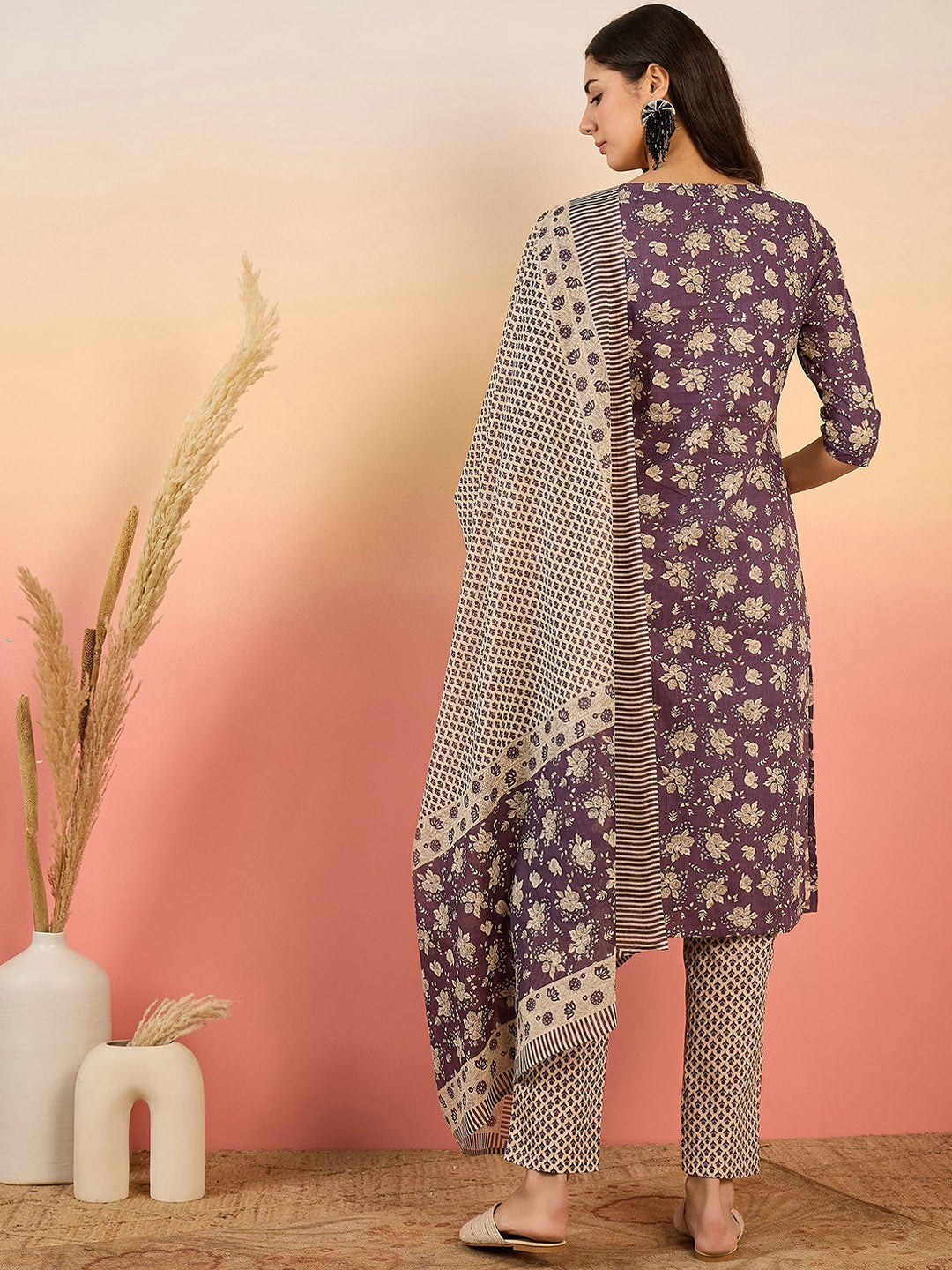 Floral Printed Pure Cotton Round Neck Kurta With Trousers & Dupatta