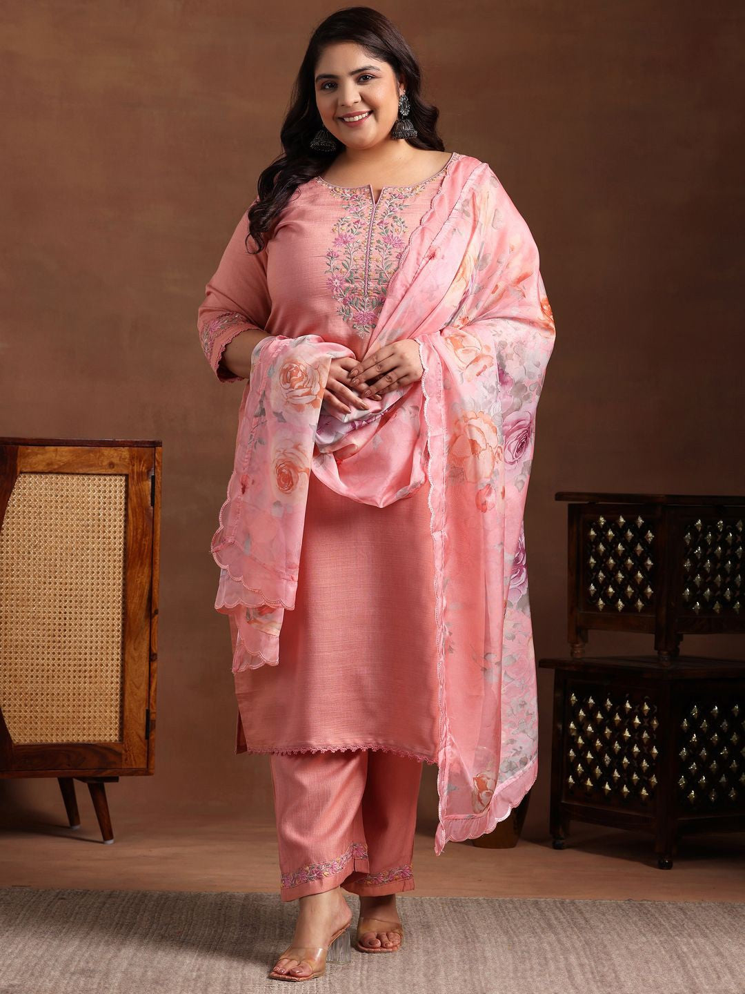 Plus Size Floral Yoke Design Straight Kurta with Palazzo & Dupatta