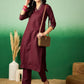 Maroon V-Neck Thread Work Straight Kurta With Trouser