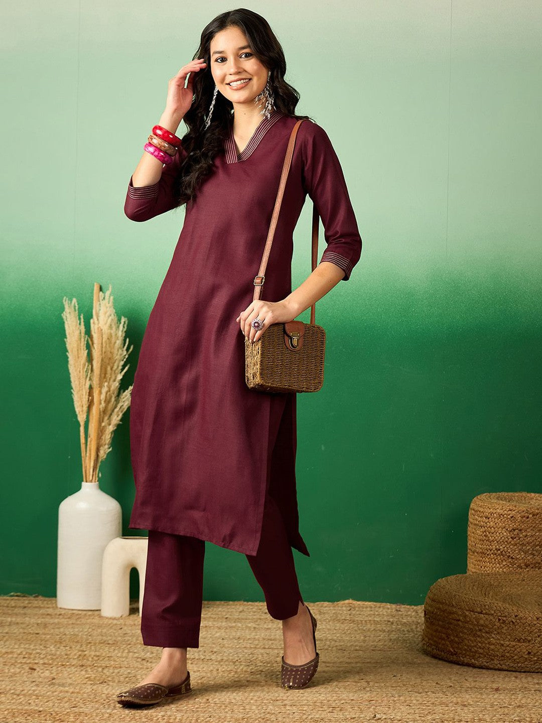 Maroon V-Neck Thread Work Straight Kurta With Trouser