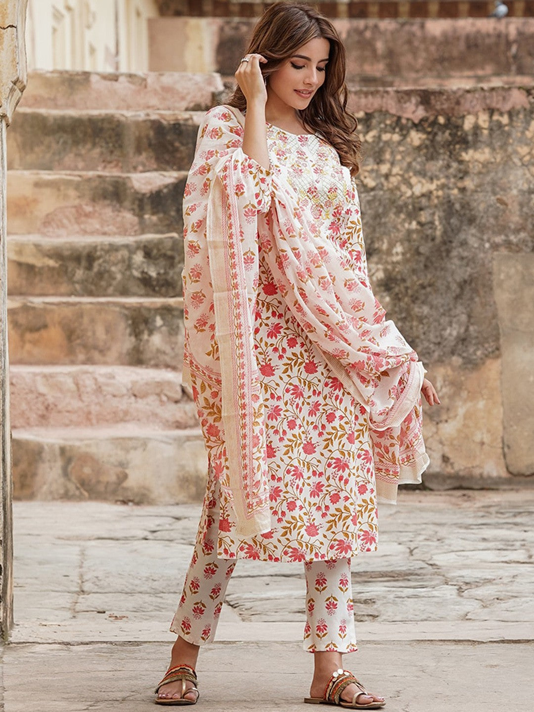 Floral Embroidered Thread Work Pure Cotton Kurta with Trousers & Dupatta