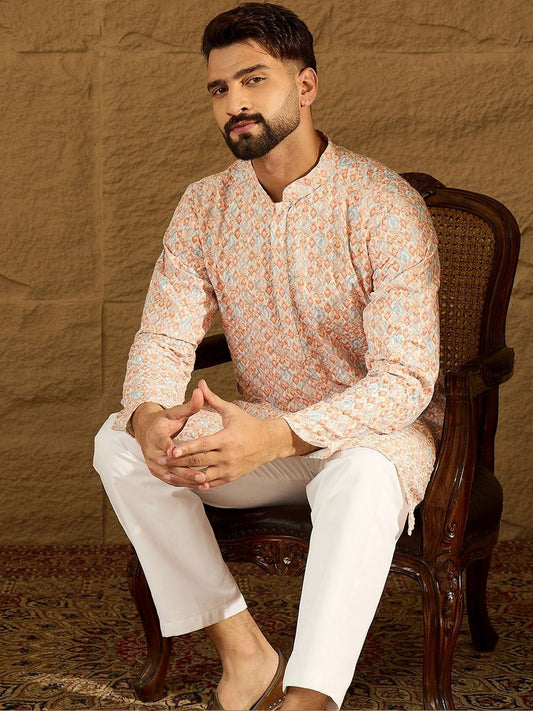 Geometric Printed Mandarin Collar Straight Kurta & Trousers