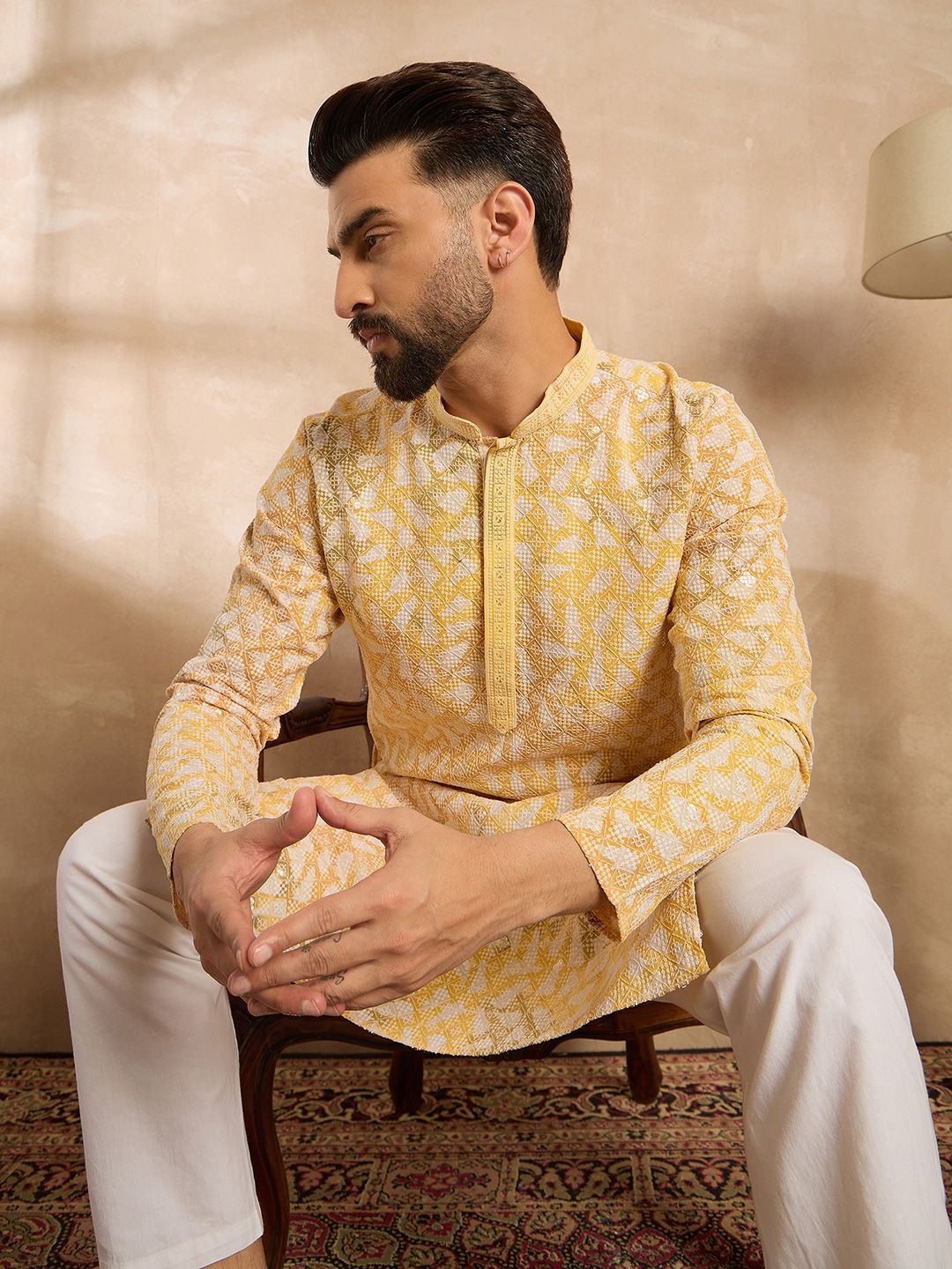 Printed Mandarin Collar Kurta & Trousers Kurta Sets