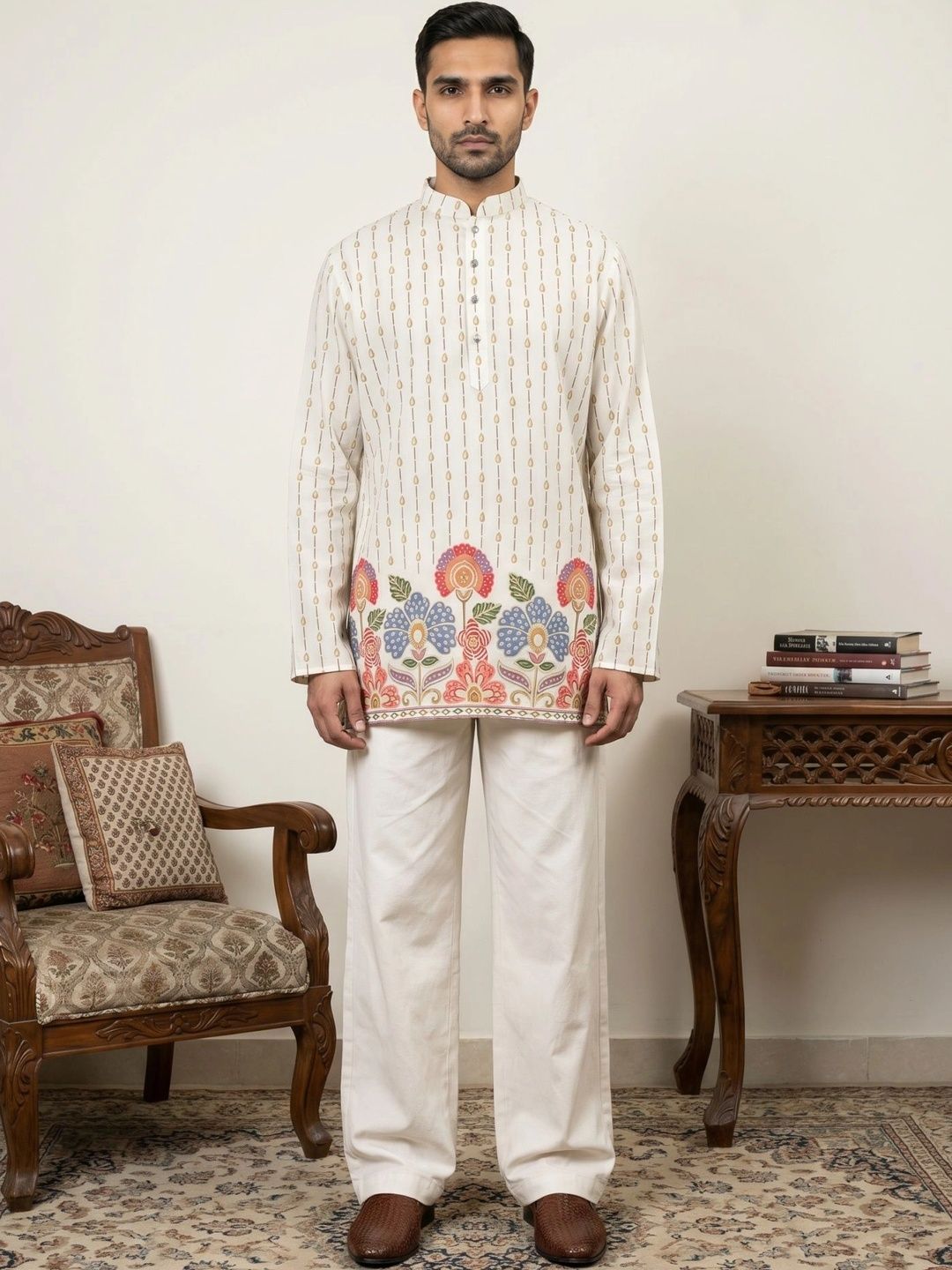 Men's Floral Printed Short Kurta with Korean Pants