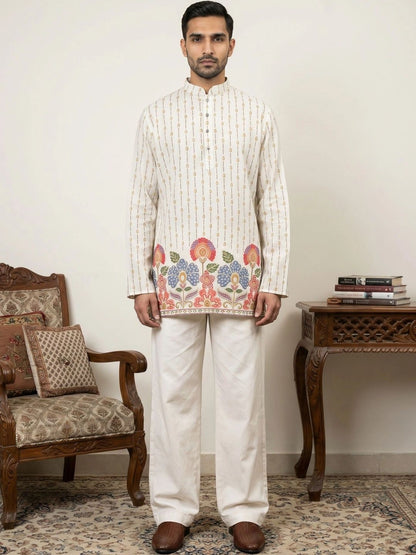 Men's Floral Printed Short Kurta with Korean Pants
