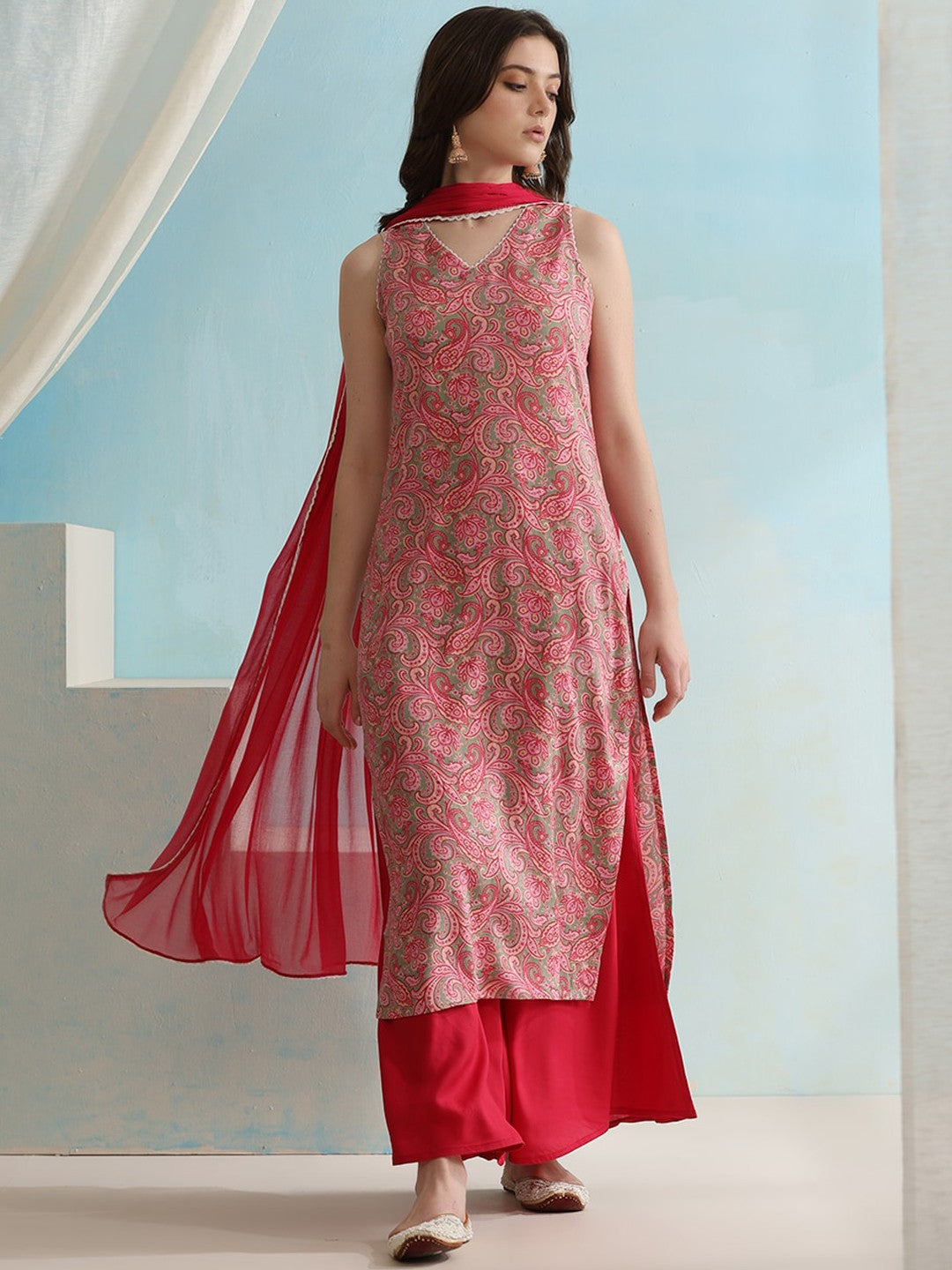 Paisley Printed V-Neck Sleeveless Kurta with Palazzos & With Dupatta