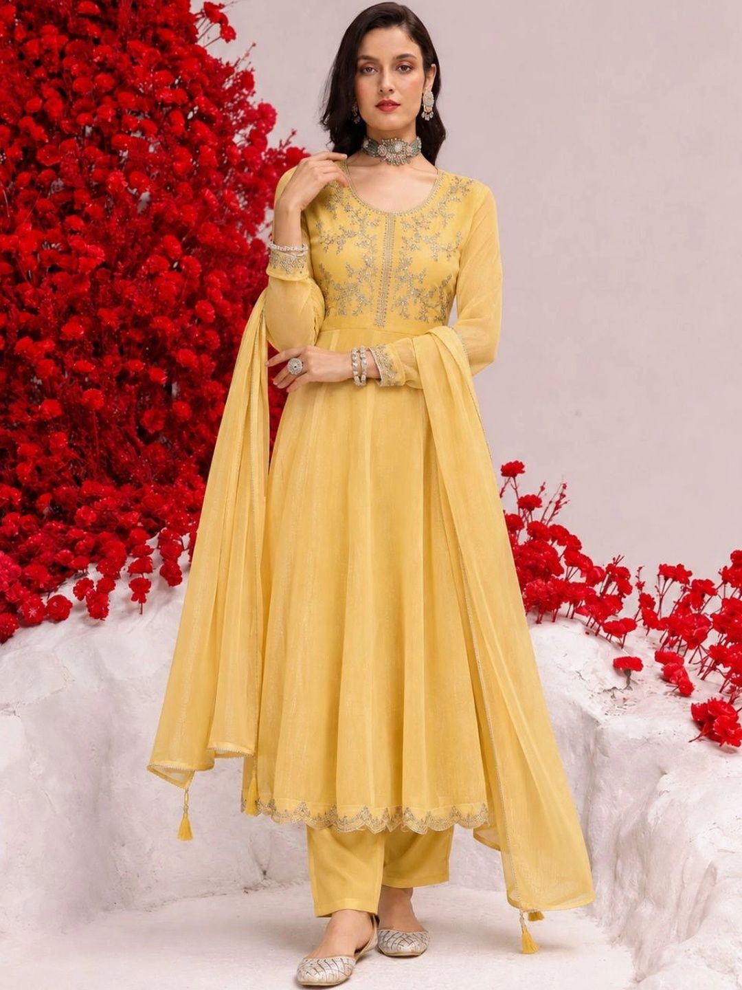 Women Butter Yellow Embroidered Anarkali Kurta And Pant Set With Dupatta