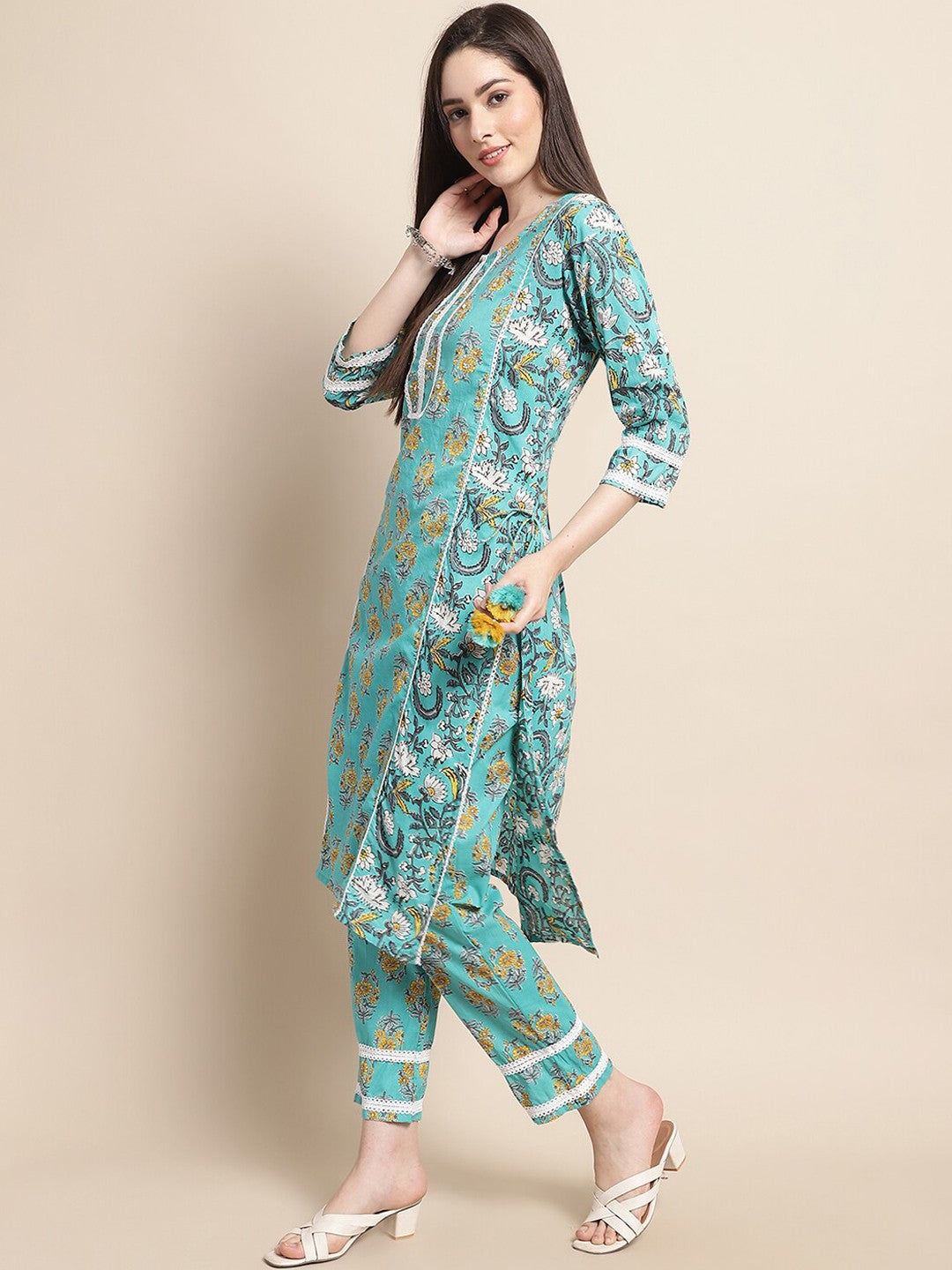 Blue & Gold Ethnic Motifs Printed Pure Cotton Kurta With Trouser & Dupatta