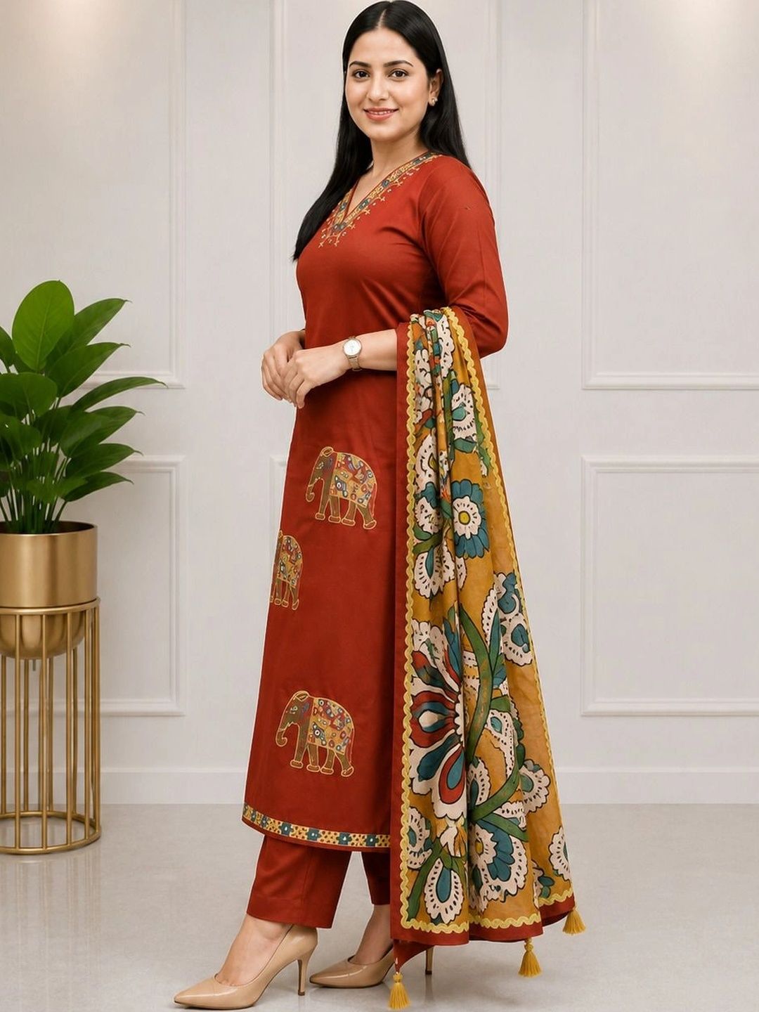 Women Ethnic Animal Printed Regular Thread Work Kurta with Trousers & With Dupatta