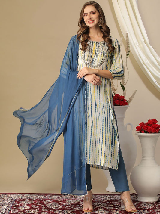 Printed Regular Kurta with Trousers & Dupatta