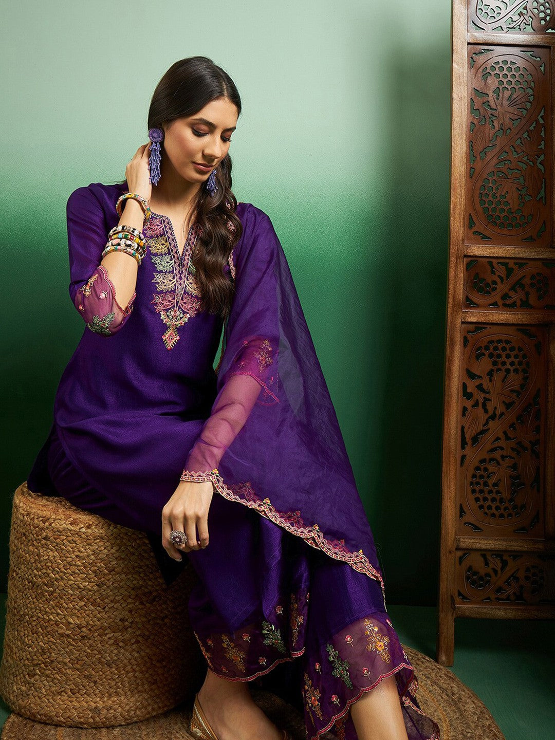 Embroidered Notch Neck Kurta With Plazzo & Dupatta