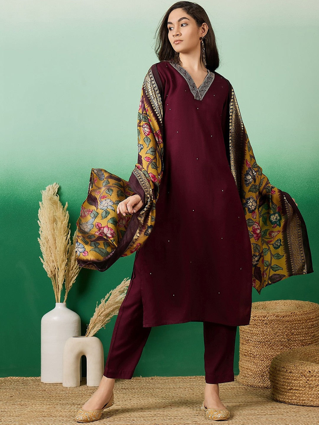 Embroidered Straight Kurta With Trouser & Dupatta Set