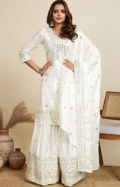 Women Ethnic Motifs Embroidered Silk A-Line Kurta with Sharara & Dupatta
