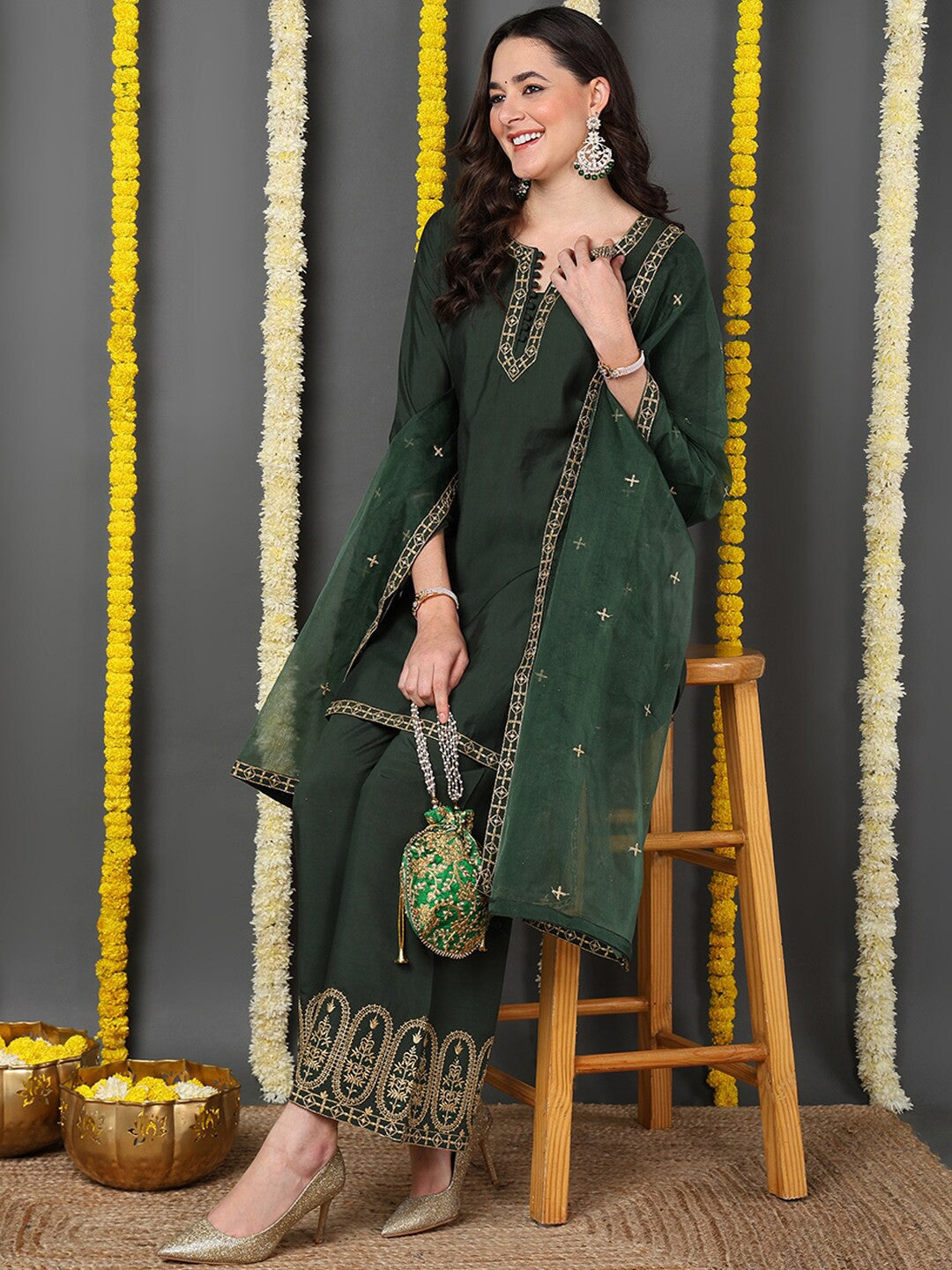 Embroidered Regular Kurta With Palazzos & Dupatta