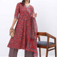 Red & Blue Floral Printed Angrakha Kurta With Palazzos & Dupatta