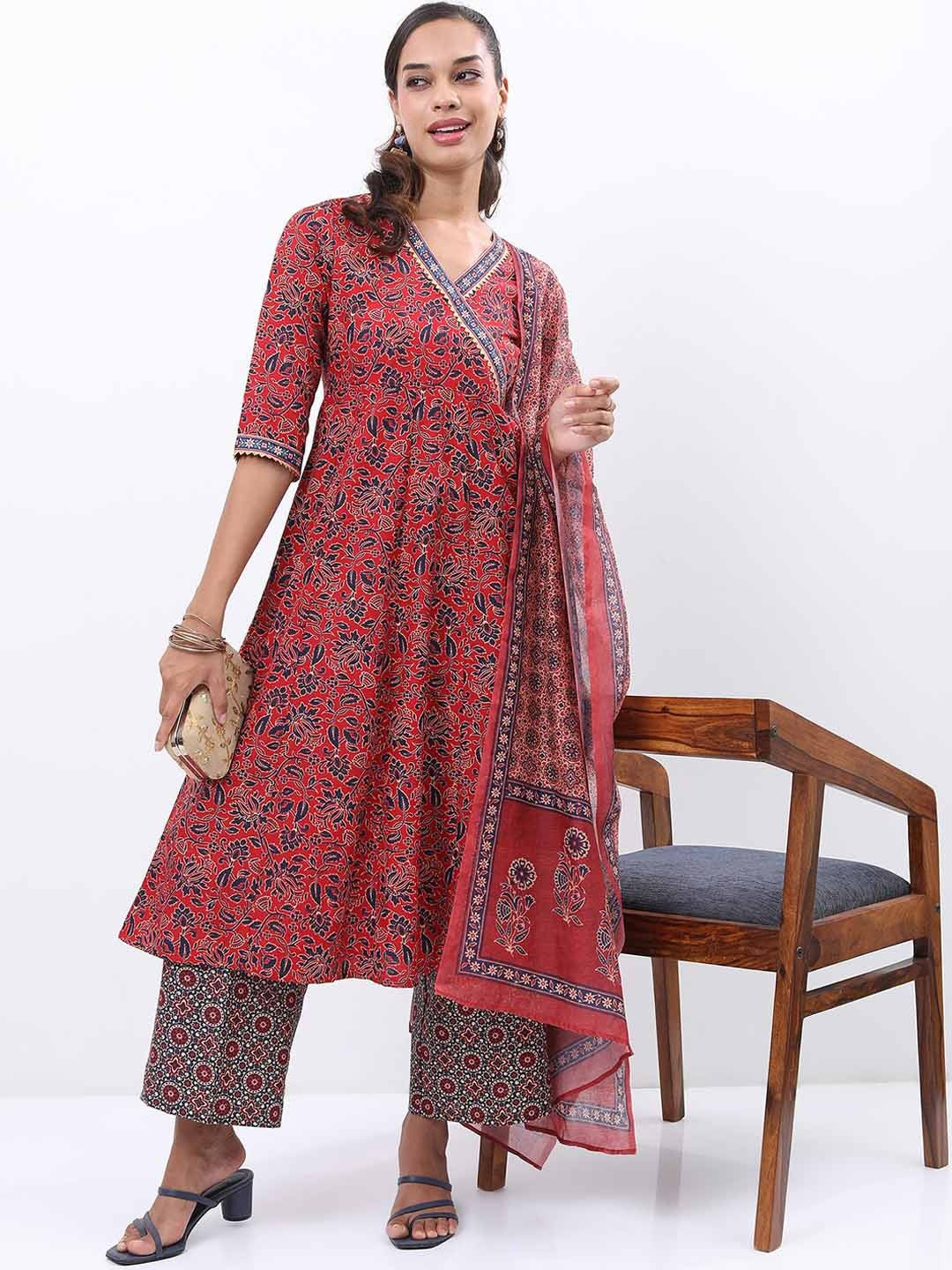 Red & Blue Floral Printed Angrakha Kurta With Palazzos & Dupatta