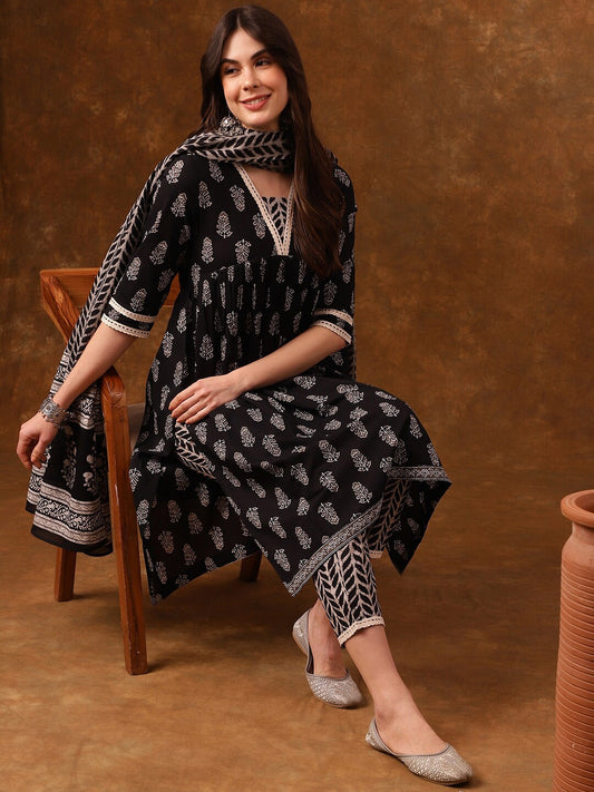 Ethnic Motifs Printed Gotta Patti Pure Cotton Kurta With Trousers & Dupatta