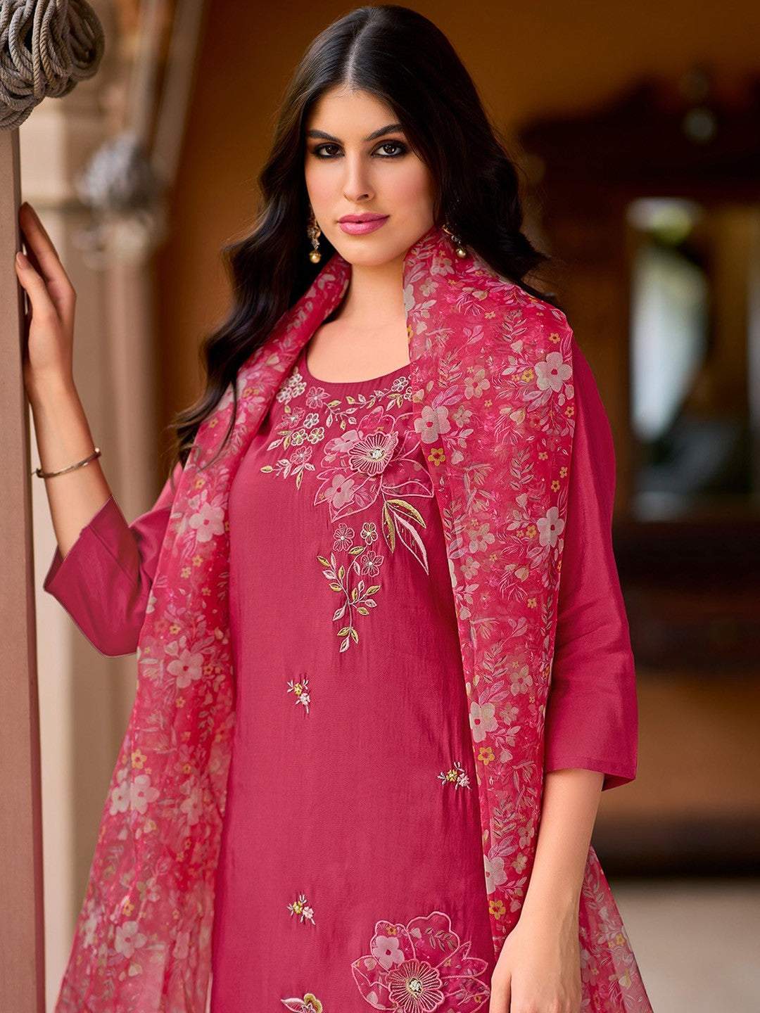 Floral Embroidered Straight Kurta with Trousers & Dupatta