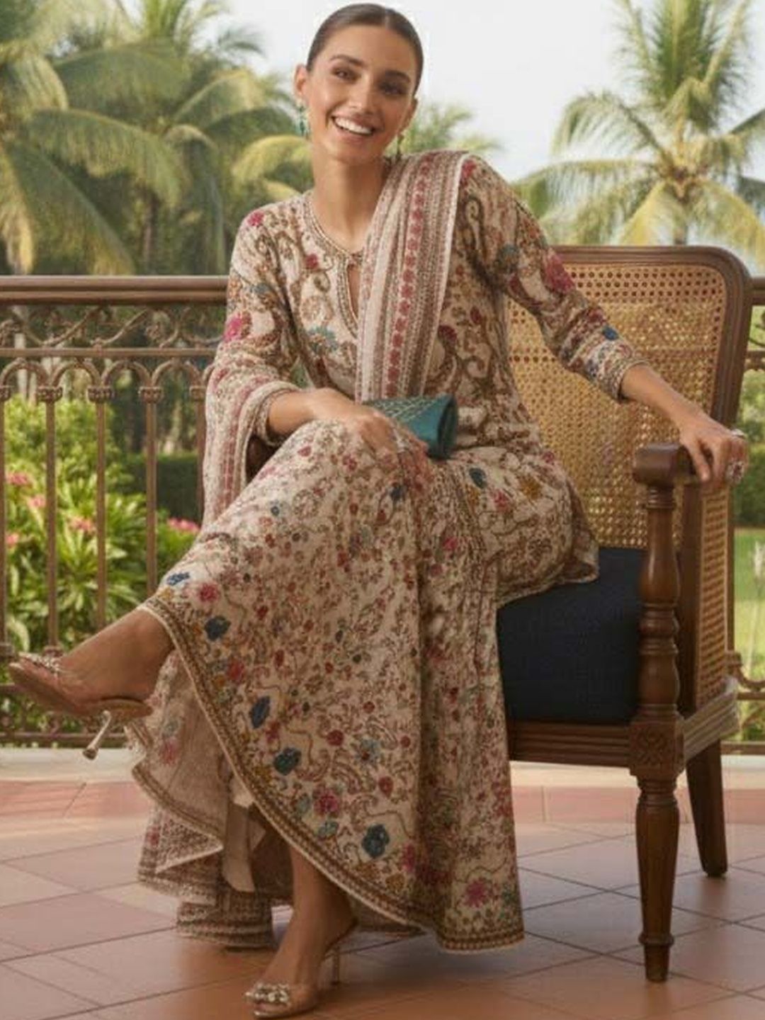 Women Floral Printed Regular Silk Crepe Kurta with Sharara & With Dupatta
