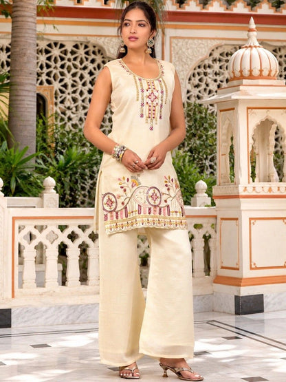 Women Ethnic Motifs Embroidered Regular Thread Work Kurti with Palazzos