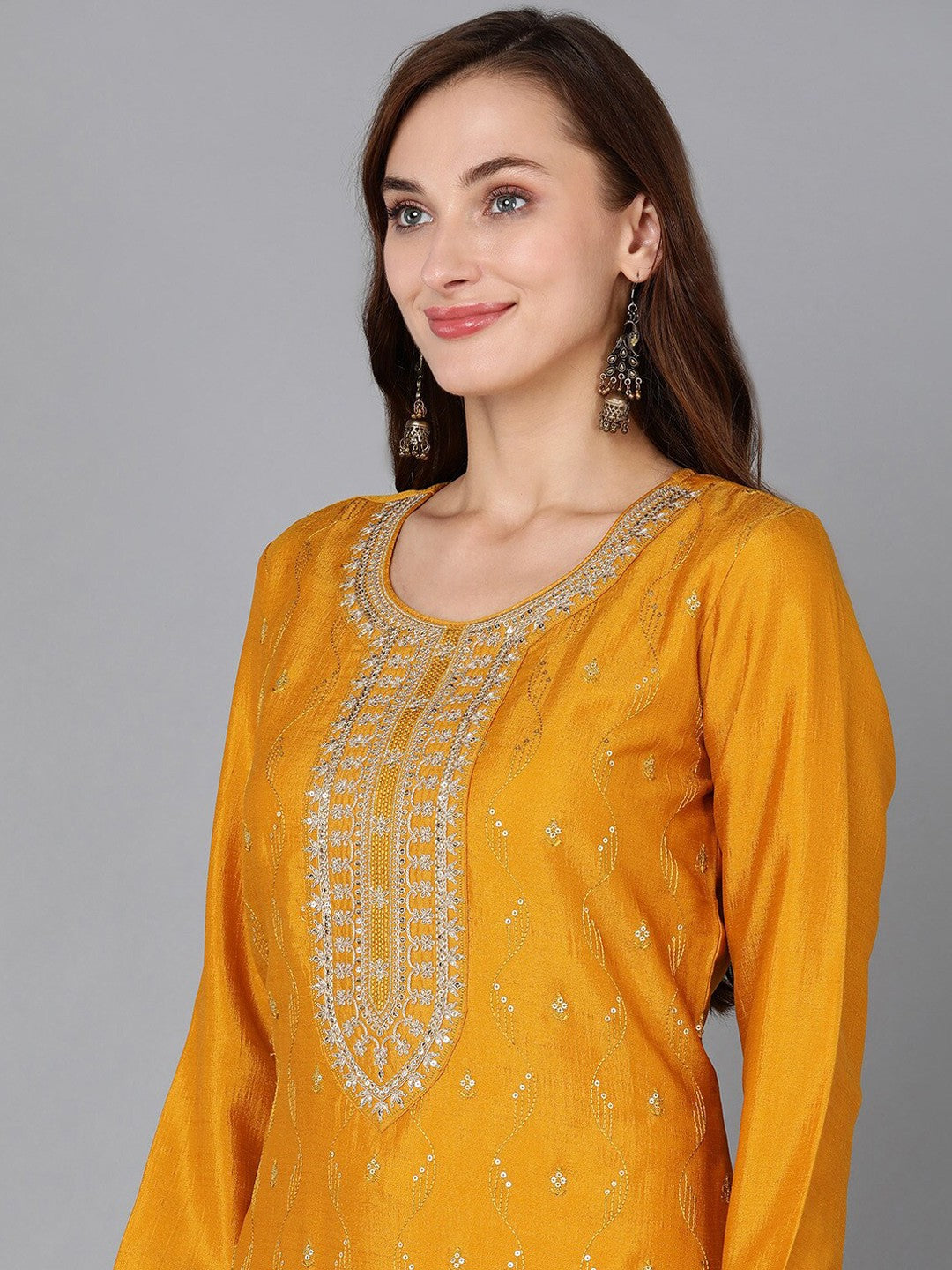 Ethnic Motifs Embroidered Sequinned Kurta With Palazzos & Dupatta